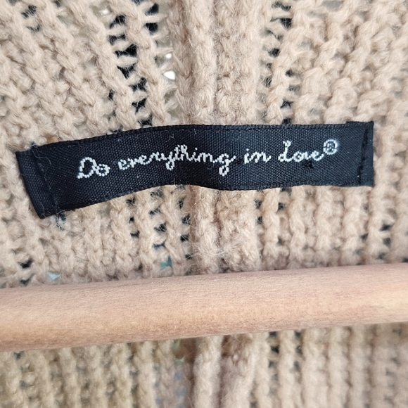 Do Everything In Love Tan Boho Crochet Knit Open Front Fringe Kimono Cardigan OS - Picture 9 of 10
